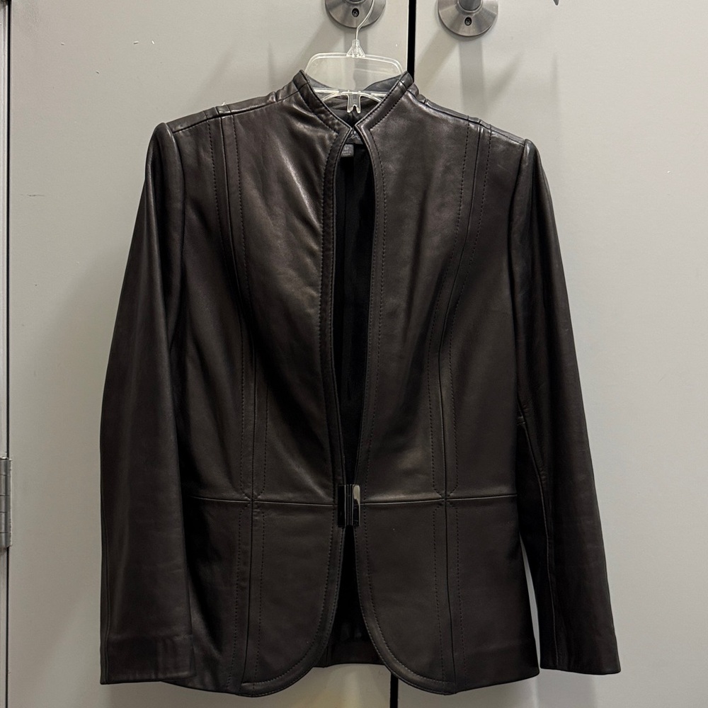 Women's Black Leather Jacket - Classic Collarless Blazer